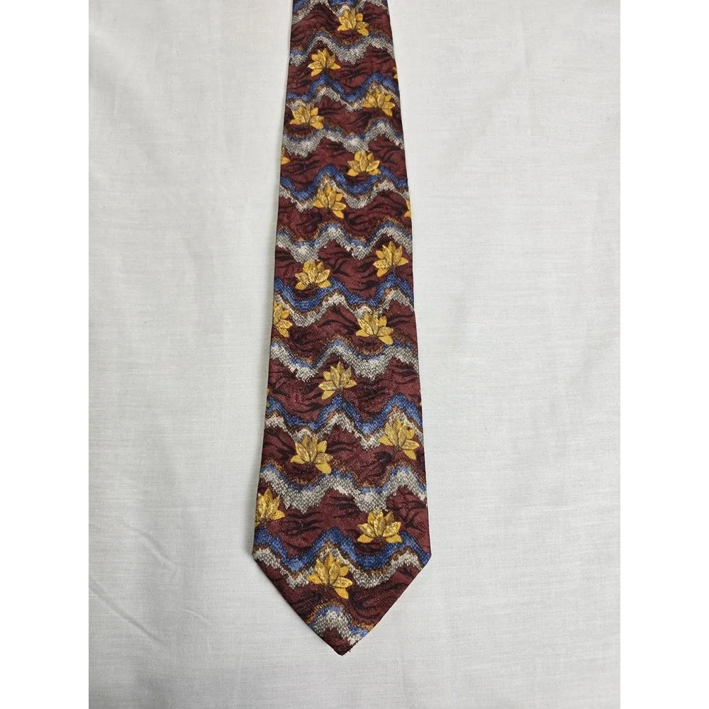 Ermenegildo Zegna Tie Mens One‎ Size Red Gold Silk Floral Zigzag Made Italy